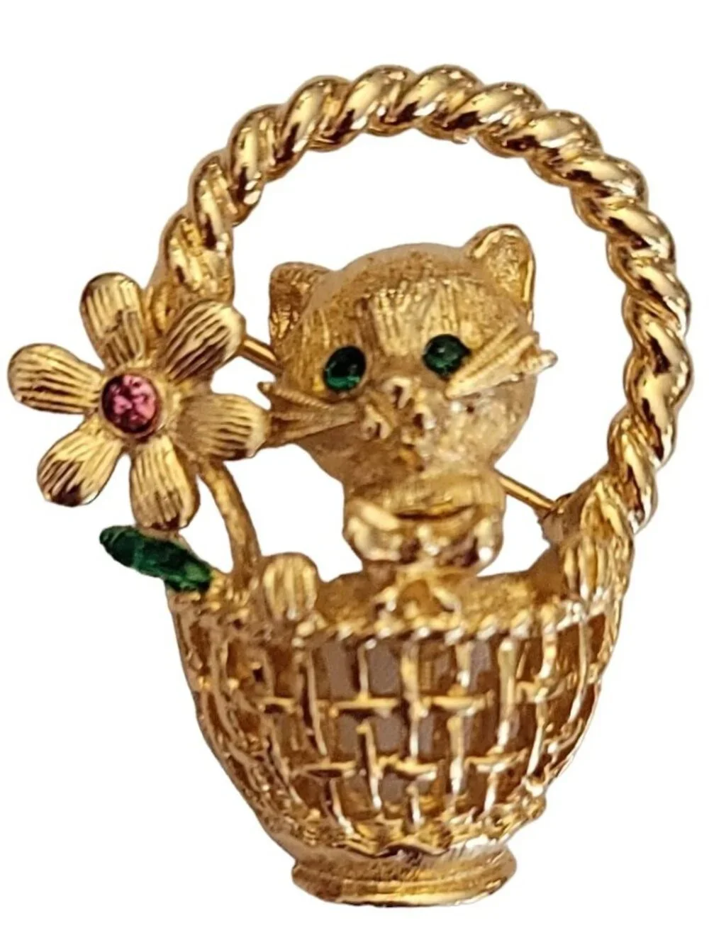 Trifari TM Gold Tone Cat On Basket Trembler Brooch Pin, Signed K547